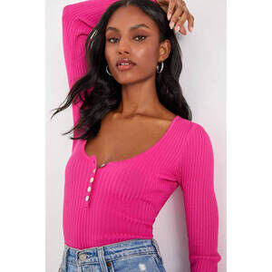 Lulus Everyday Perfection Hot Pink Ribbed Scoop Neck Henley Bodysuit - Size L